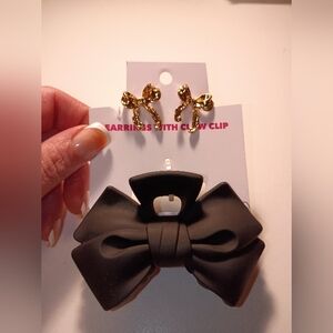 Elegant Black Bow Hair Clip and Gold Bow Earrings Set